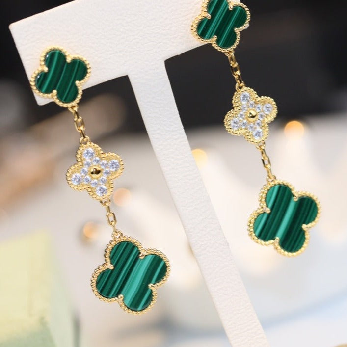 [Stellar Jewelry]CLOVER EARRINGS GOLD MALACHITE DIAMOND 3 MOTIF