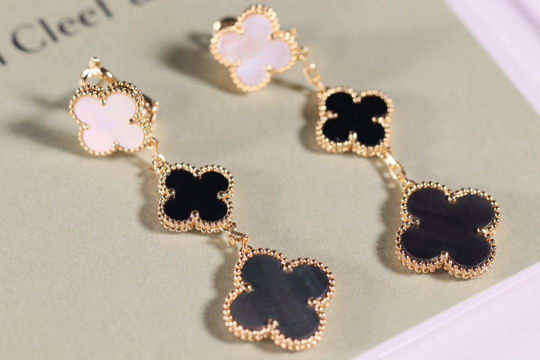 [Stellar Jewelry]CLOVER EARRINGS GOLD ONYX MOP 3 MOTIF