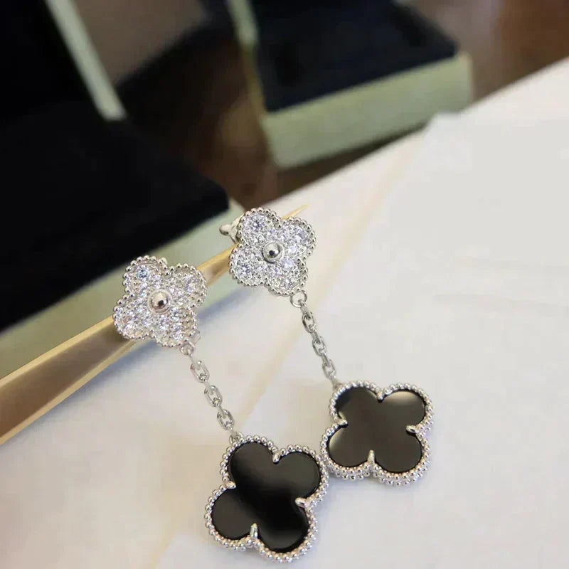 [Stellar Jewelry]CLOVER 2 MOTIFS  DIAMOND ONYX EARRINGS SILVER