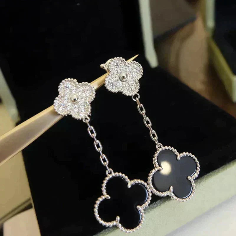 [Stellar Jewelry]CLOVER 2 MOTIFS  DIAMOND ONYX EARRINGS SILVER