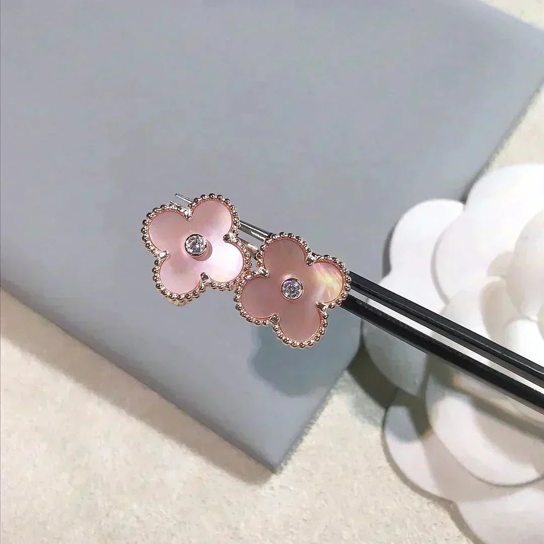[Stellar Jewelry]CLOVER MEDIUM 1 MOTIFS  PINK MOP DIAMOND EARRINGS