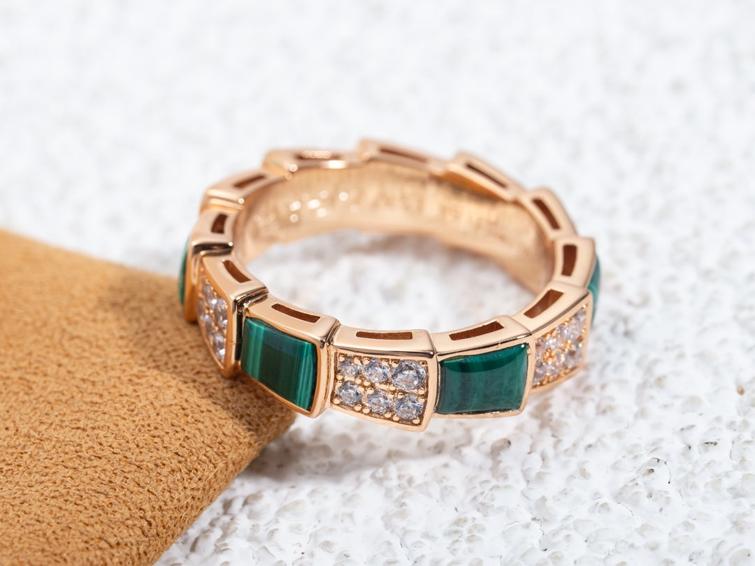 [Stellar Jewelry]SERPENTI RING PINK GOLD MALACHITE DIAMOND PAVED 4MM