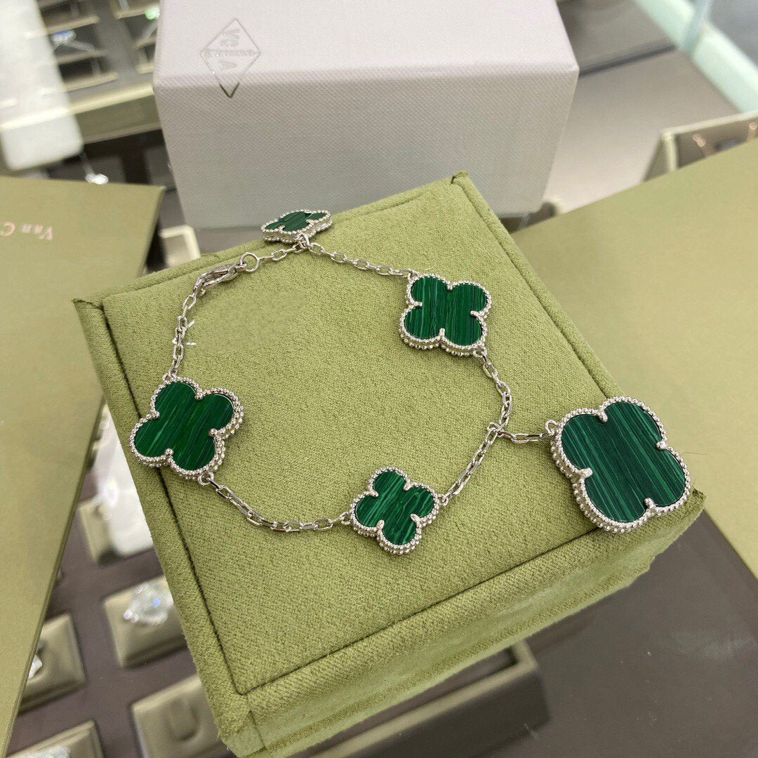 [Stellar Jewelry]CLOVER 5 MOTIFS SIVLER MALACHITE BRACELET