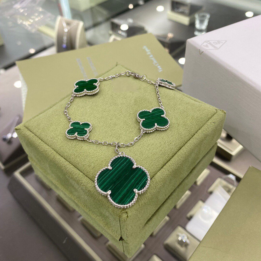[Stellar Jewelry]CLOVER 5 MOTIFS SIVLER MALACHITE BRACELET
