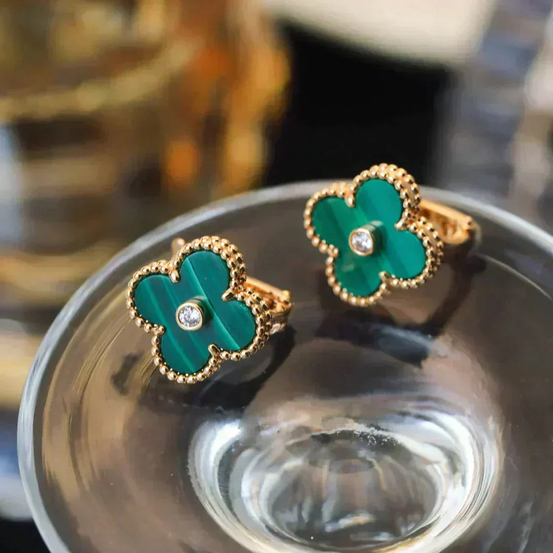 [Stellar Jewelry]CLOVER MEDIUM 1 MOTIFS MALACHITE DIAMOND EARRINGS
