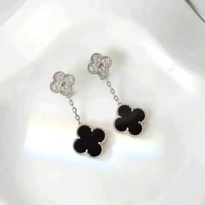 [Stellar Jewelry]CLOVER 2 MOTIFS  DIAMOND ONYX EARRINGS SILVER
