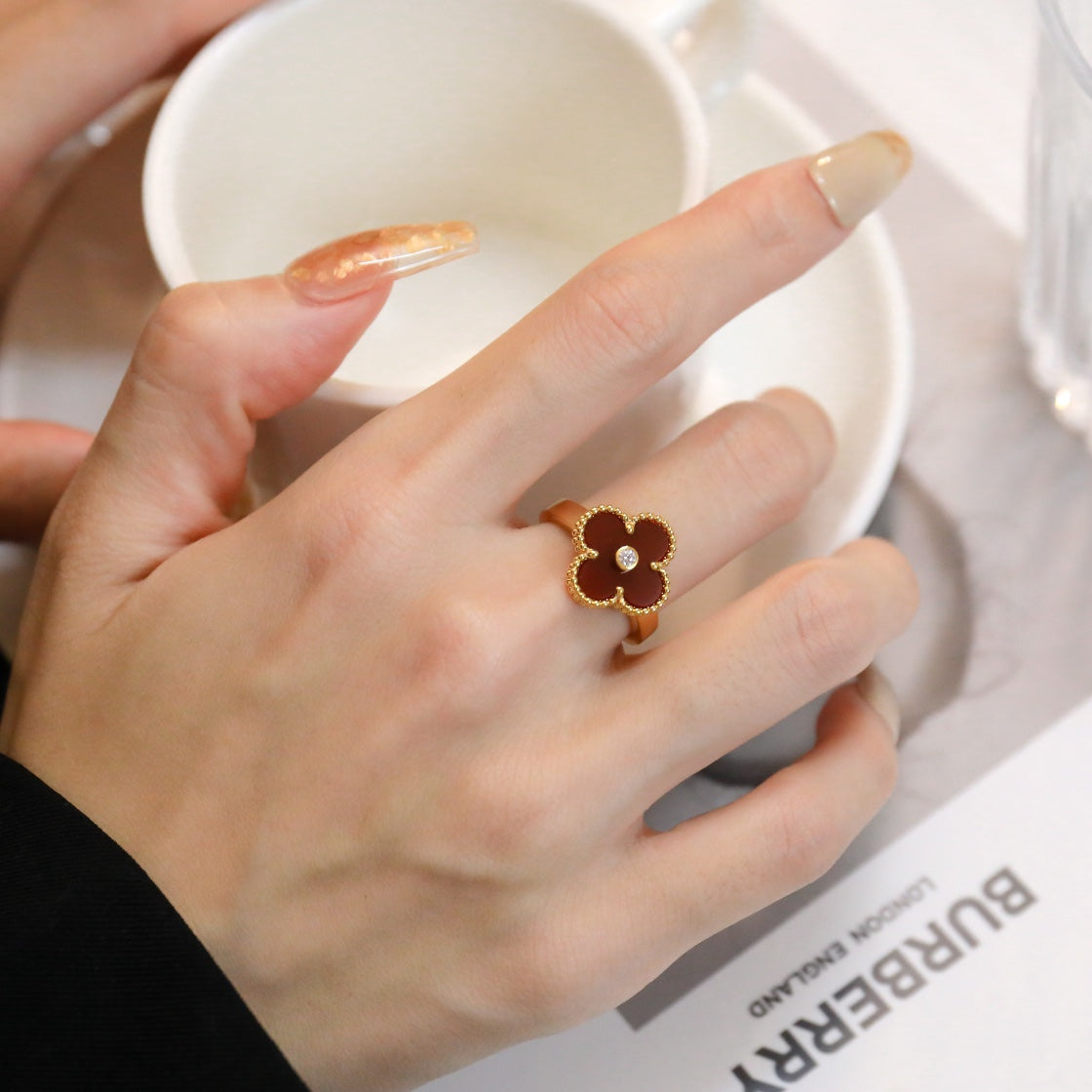 [Stellar Jewelry]CLOVER CARNELIAN RING ROSE GOLD DIAMOND