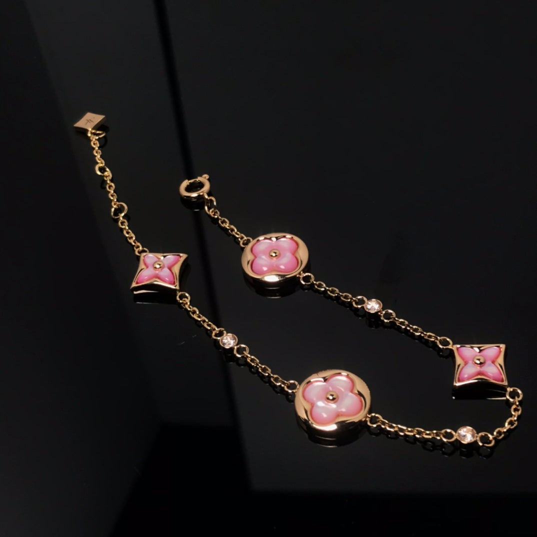 [Stellar Jewelry]STAR AND SUN 4 MOTIF PINK MOP PINK GOLD BRACELET