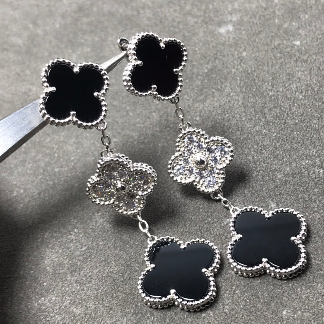 [Stellar Jewelry]CLOVER 3 MOTIF DIAMOND ONYX SILVER EARRINGS