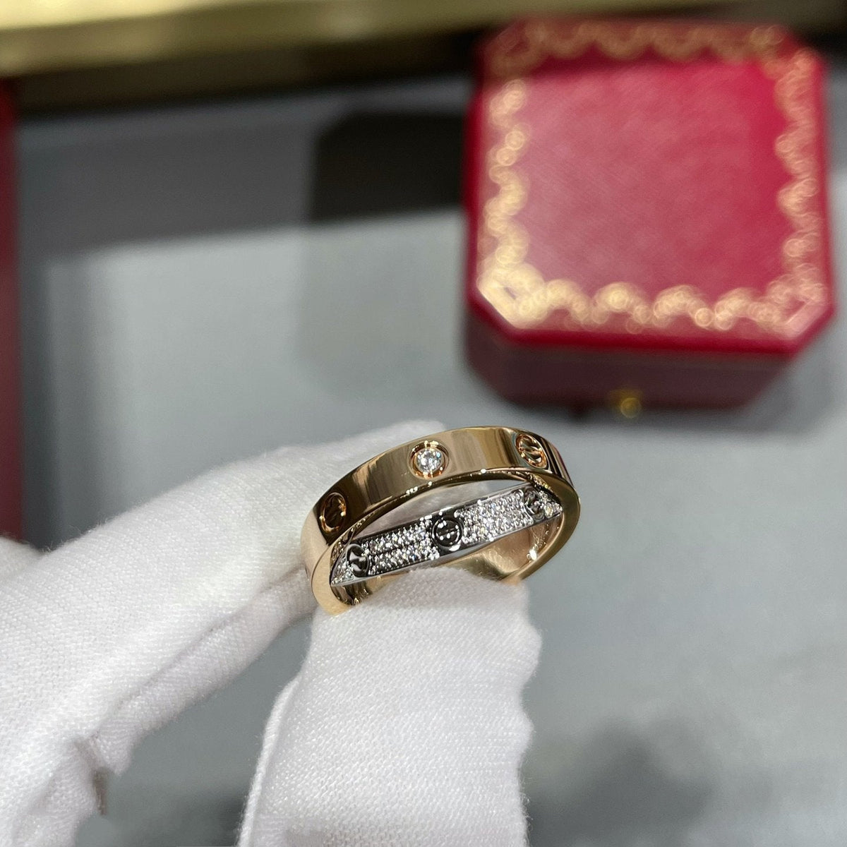 [Stellar Jewelry]LOVE PINK GOLD SILVER DIAMOND DOUBLE RING
