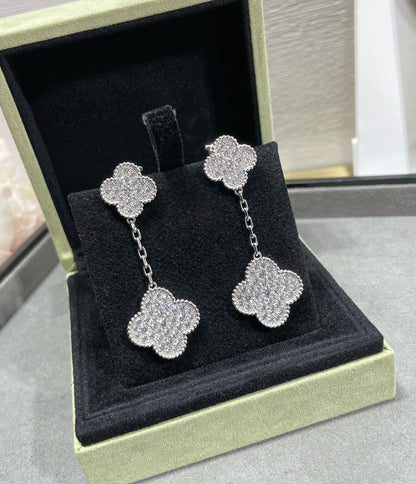 [Stellar Jewelry]CLOVER 2 MOTIFS DIAMOND PAVED SILVER EARRINGS
