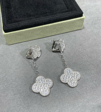[Stellar Jewelry]CLOVER 2 MOTIFS DIAMOND PAVED SILVER EARRINGS