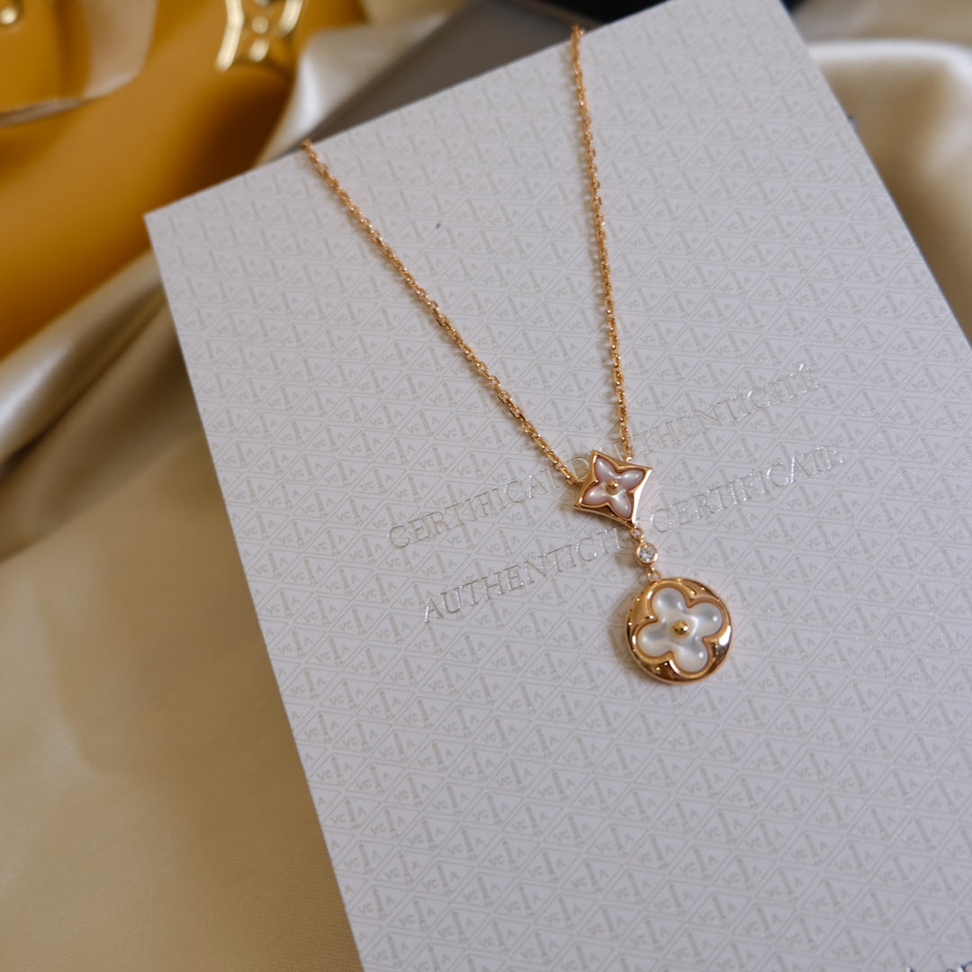 [Stellar Jewelry]STAR AND SUN WHITE MOP 2 MOTIF PINK GOLD NECKLACE