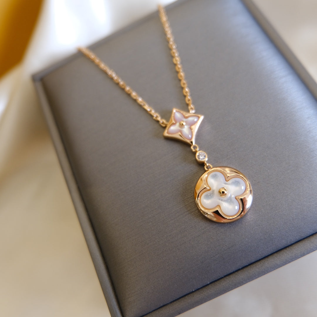 [Stellar Jewelry]STAR AND SUN WHITE MOP 2 MOTIF PINK GOLD NECKLACE