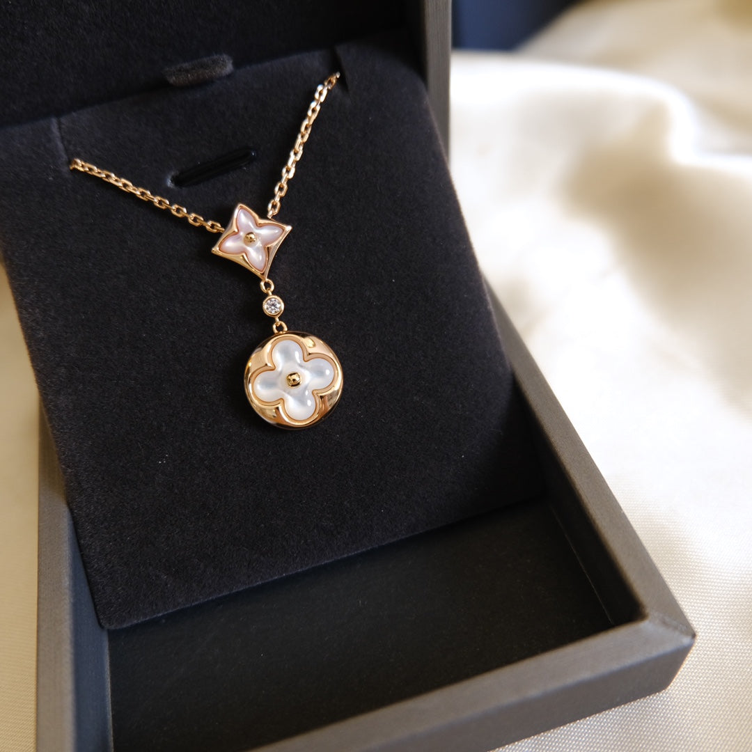 [Stellar Jewelry]STAR AND SUN WHITE MOP 2 MOTIF PINK GOLD NECKLACE