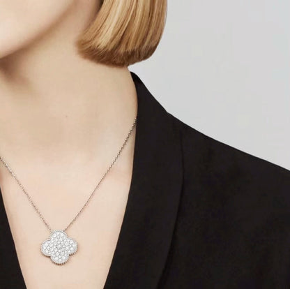 [Stellar Jewelry]CLOVER 25MM LARGE PENDANT DIAMOND PAVED SILVER NECKLACE