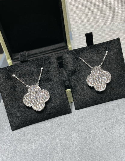 [Stellar Jewelry]CLOVER 25MM LARGE PENDANT DIAMOND PAVED SILVER NECKLACE