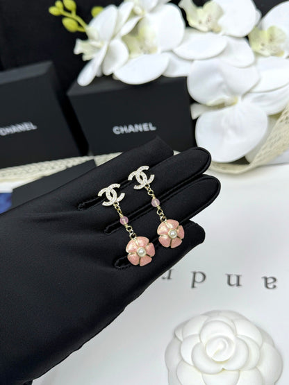[Stellar Jewelry]26C Pink Camellia Enamel Pendant with Double C Earrings