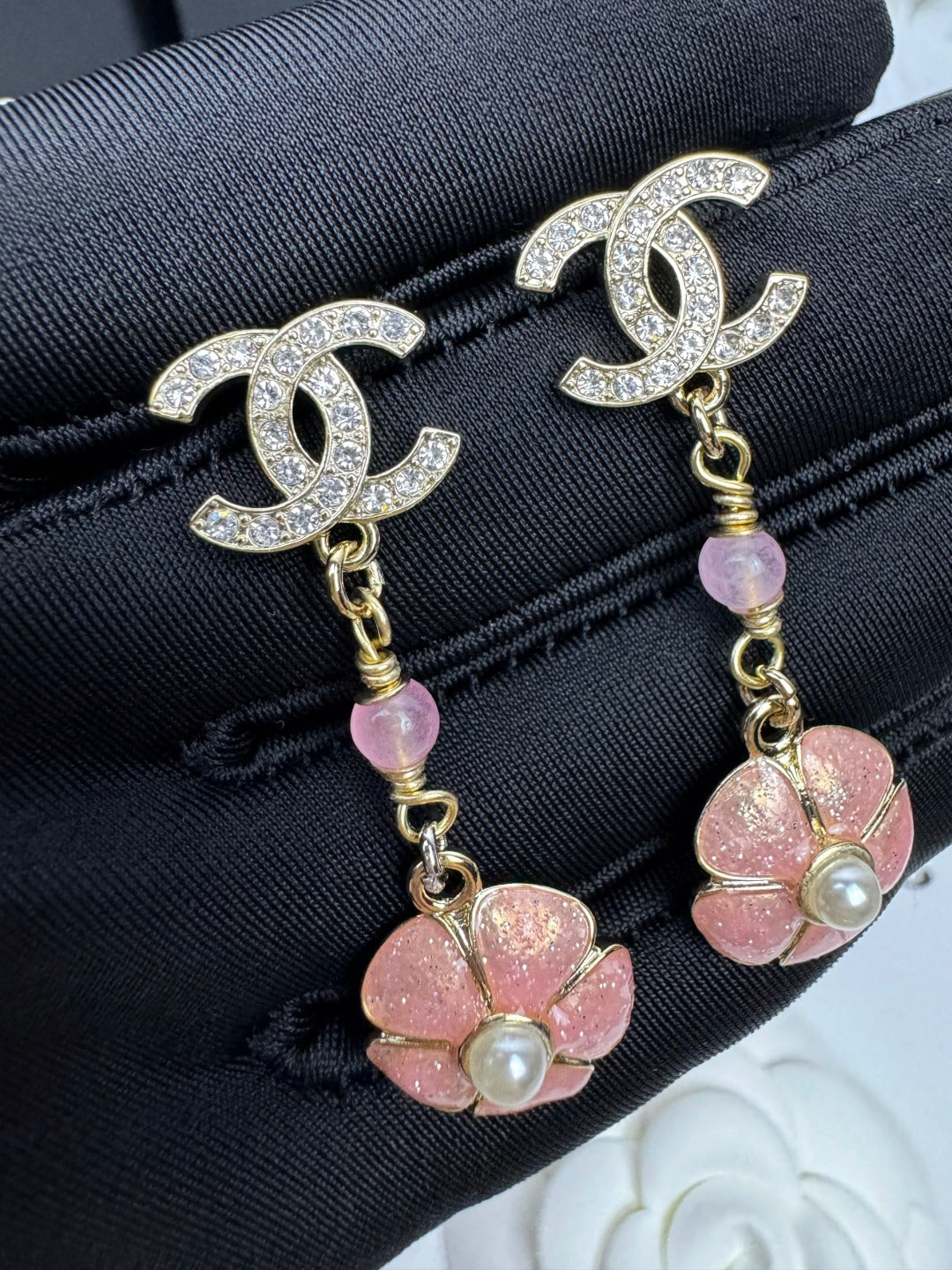 [Stellar Jewelry]26C Pink Camellia Enamel Pendant with Double C Earrings