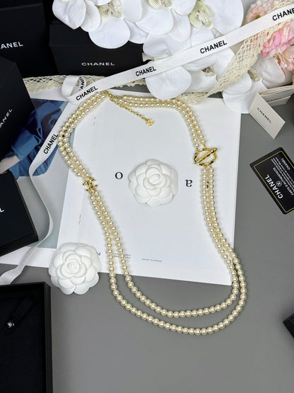 [Stellar Jewelry]25K Pencil Double C Double-Layer Pearl Sweater Chain