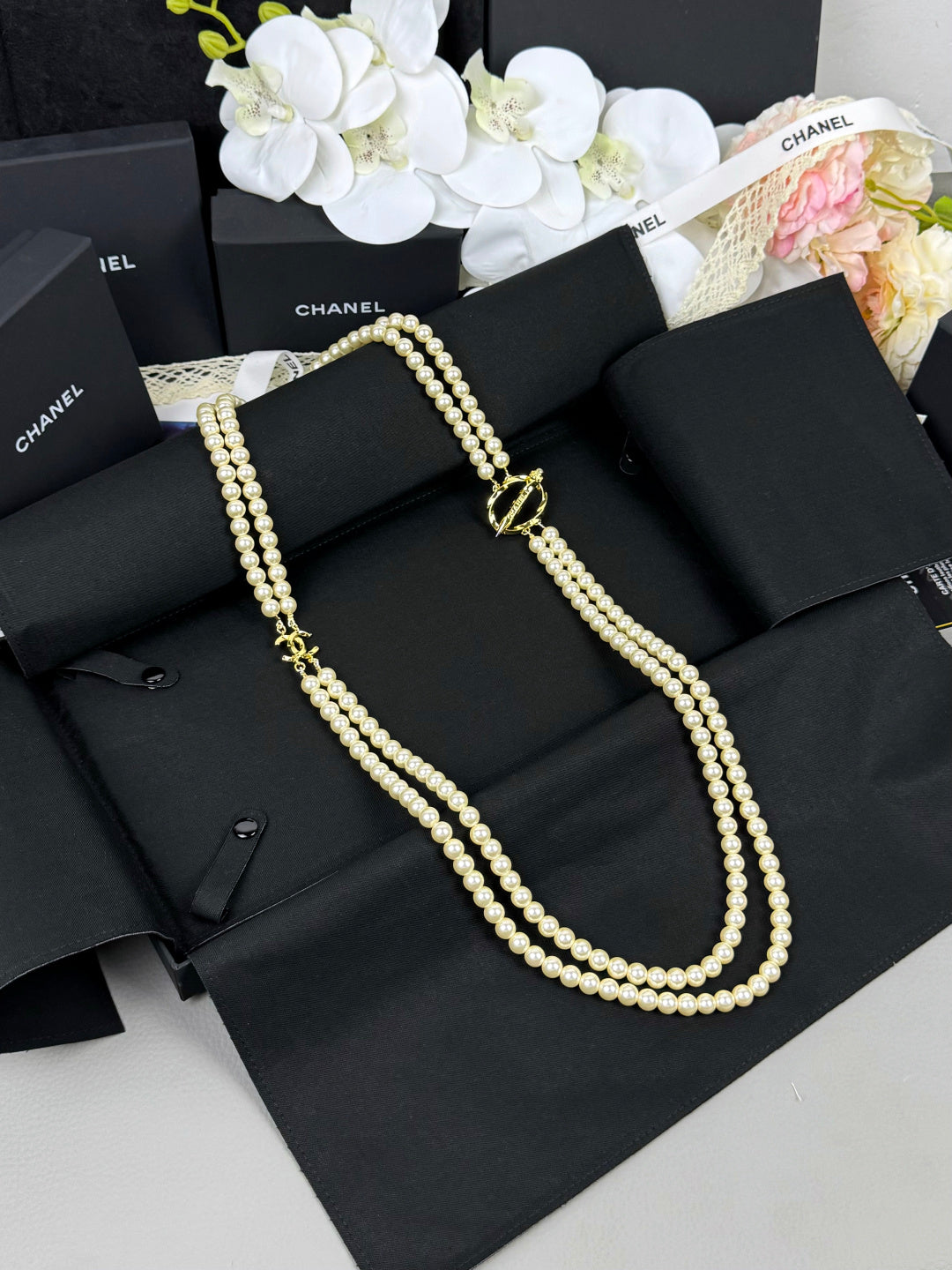 [Stellar Jewelry]25K Pencil Double C Double-Layer Pearl Sweater Chain