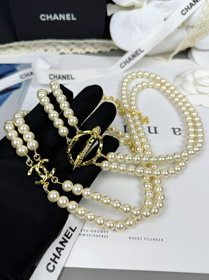 [Stellar Jewelry]25K Pencil Double C Double-Layer Pearl Sweater Chain