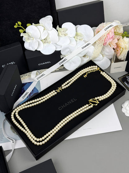 [Stellar Jewelry]25K Pencil Double C Double-Layer Pearl Sweater Chain