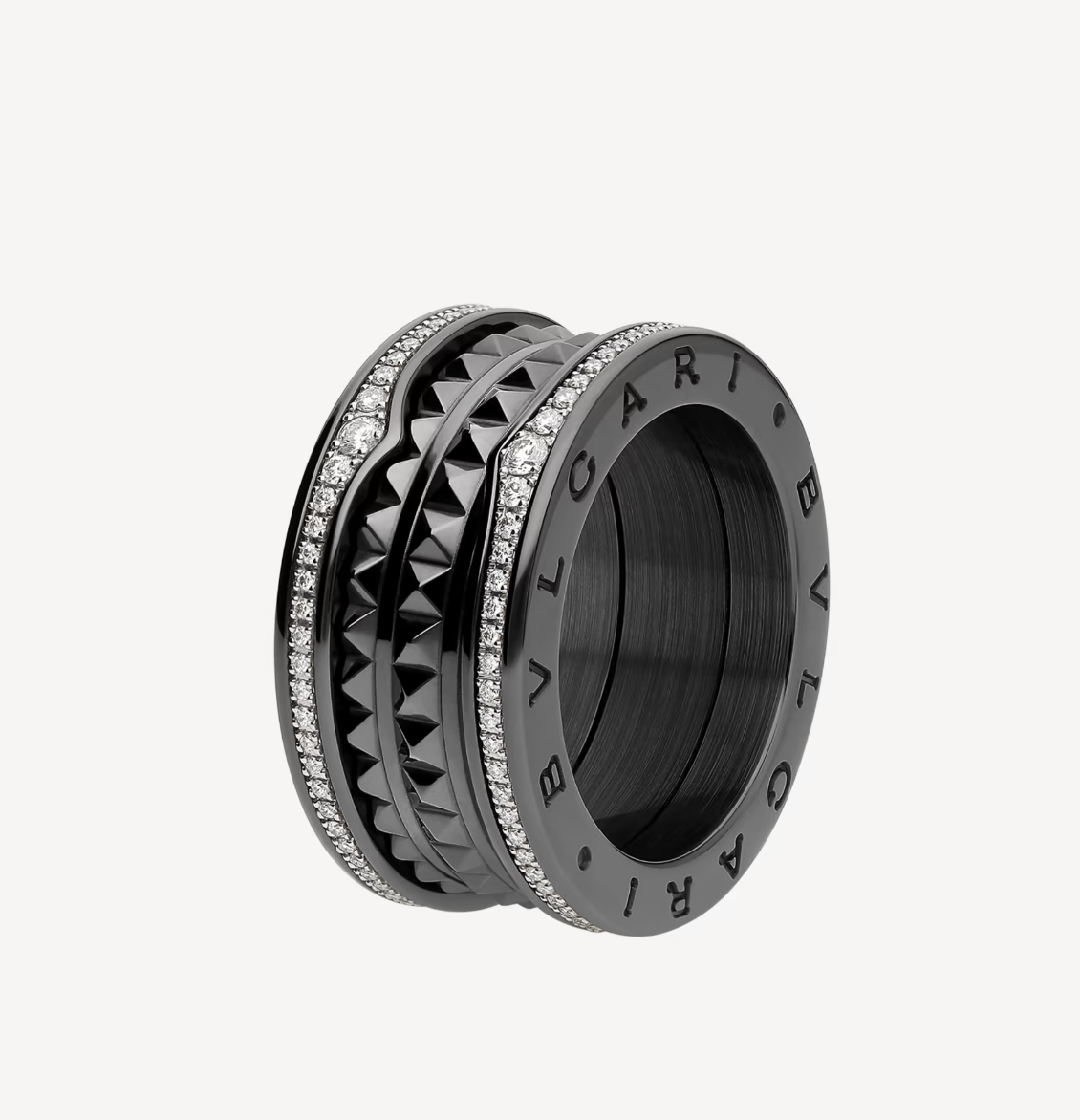 [Stellar Jewelry]ZERO 1 ROCK FOUR-BAND BLACK CERAMIC WITH STUDDED SPIRAL AND PAVED DIAMONDS RING