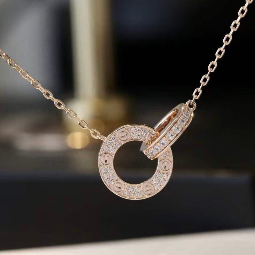[Stellar Jewelry]LOVE 7.6MM NECKLACE ROSE GOLD AND SILVER  FULL DIAMOND