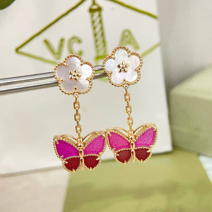 [Stellar  Jewelry]ROSE QUARTZ TWO‑FLOWER BUTTERFLY DROP EARRINGS