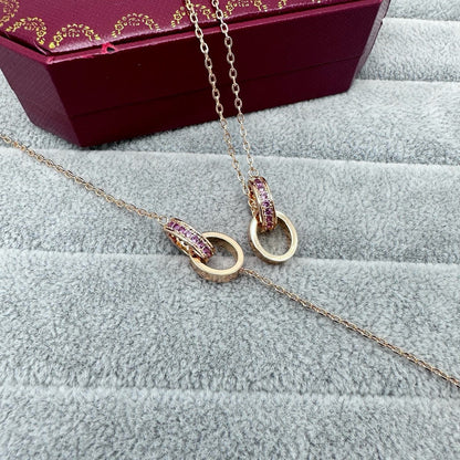 [Stellar Jewelry]LOVE DOUBLE PINK STONES RING NECKLACE