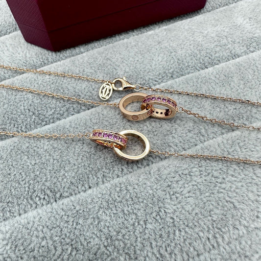 [Stellar Jewelry]LOVE DOUBLE PINK STONES RING NECKLACE