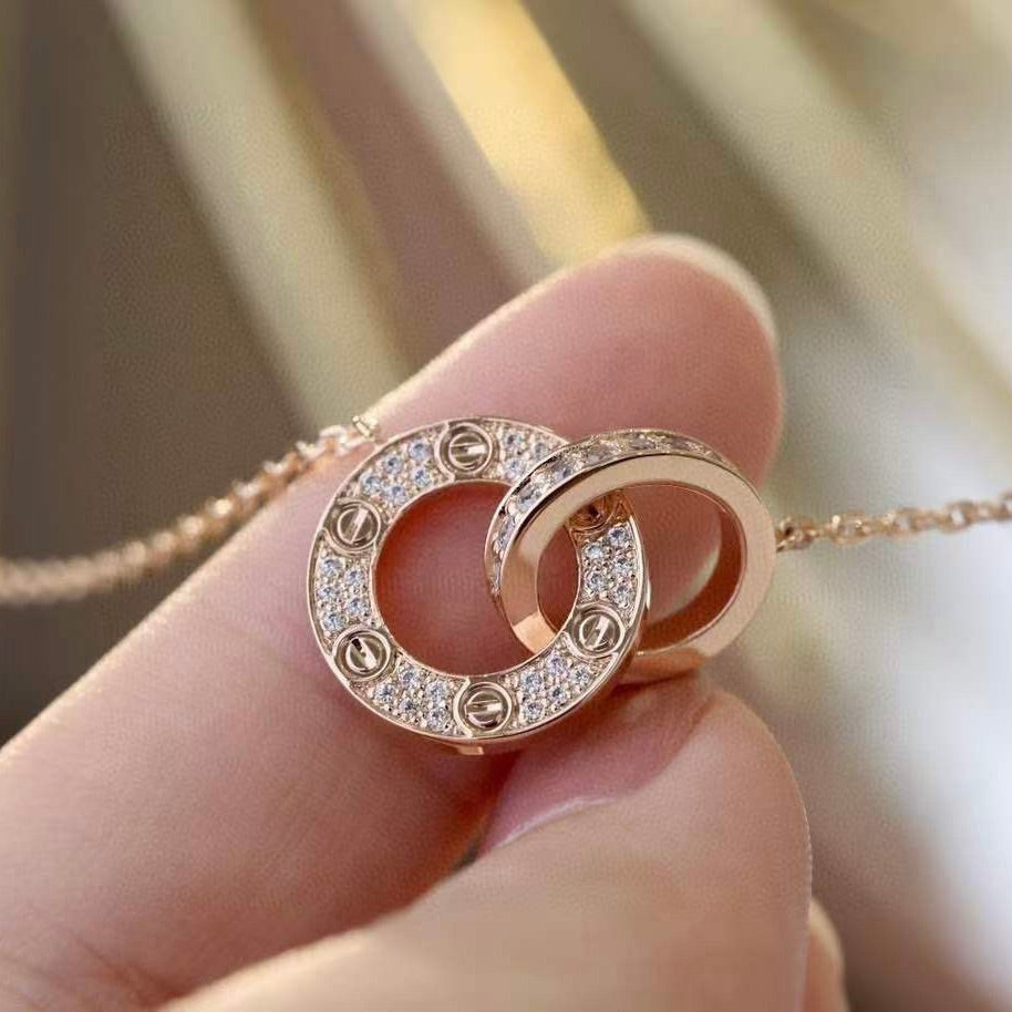 [Stellar Jewelry]LOVE 7.6MM NECKLACE ROSE GOLD AND SILVER  FULL DIAMOND