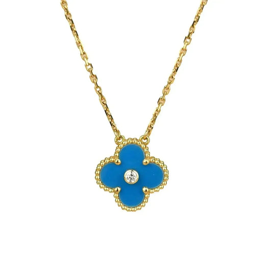 [Stellar Jewelry]CLOVER 15MM DIAMOND AND BLUE AGATE NECKLACE
