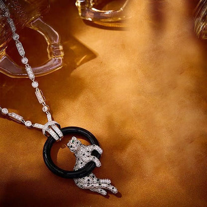 [Stellar Jewelry]NEW BLACK CIRCLE PANTHER FULL DIAMOND NECKLACE
