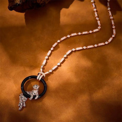 [Stellar Jewelry]NEW BLACK CIRCLE PANTHER FULL DIAMOND NECKLACE