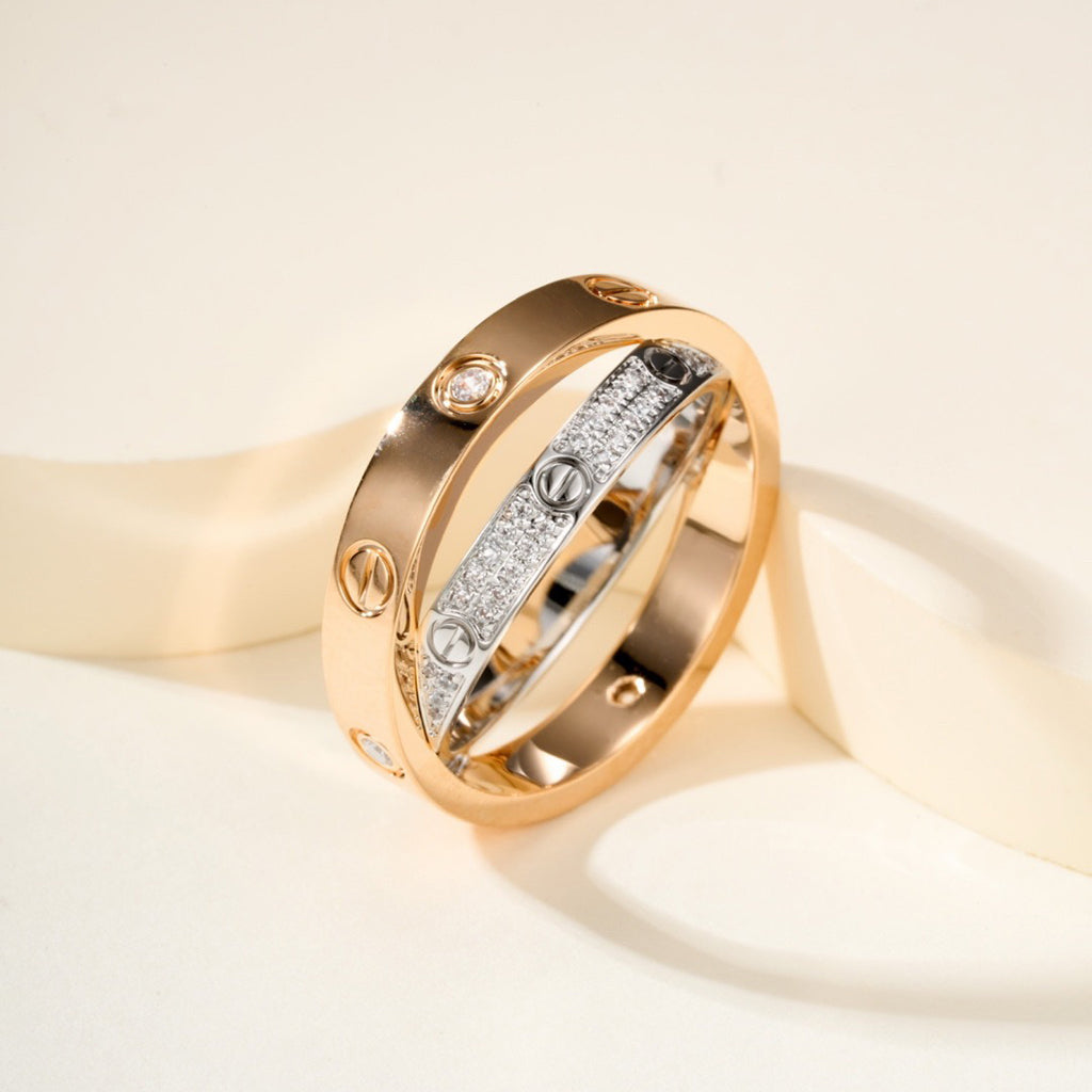 [Stellar Jewelry]LOVE PINK GOLD SILVER DIAMOND DOUBLE RING