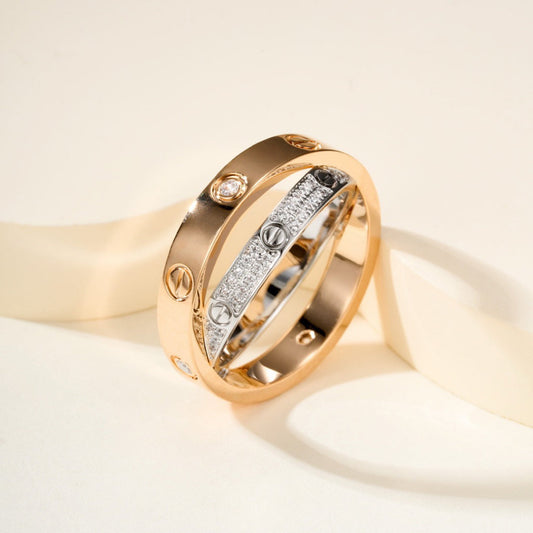 [Stellar Jewelry]LOVE PINK GOLD SILVER DIAMOND DOUBLE RING