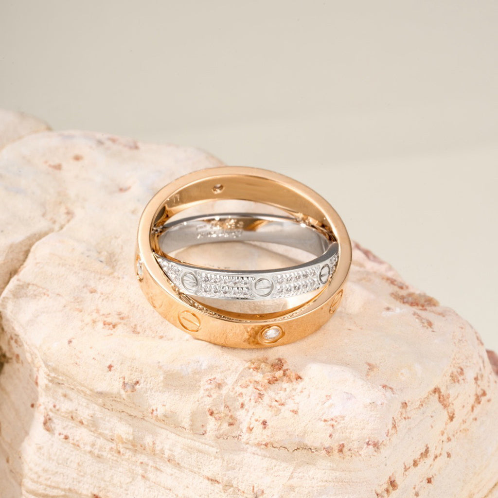 [Stellar Jewelry]LOVE PINK GOLD SILVER DIAMOND DOUBLE RING