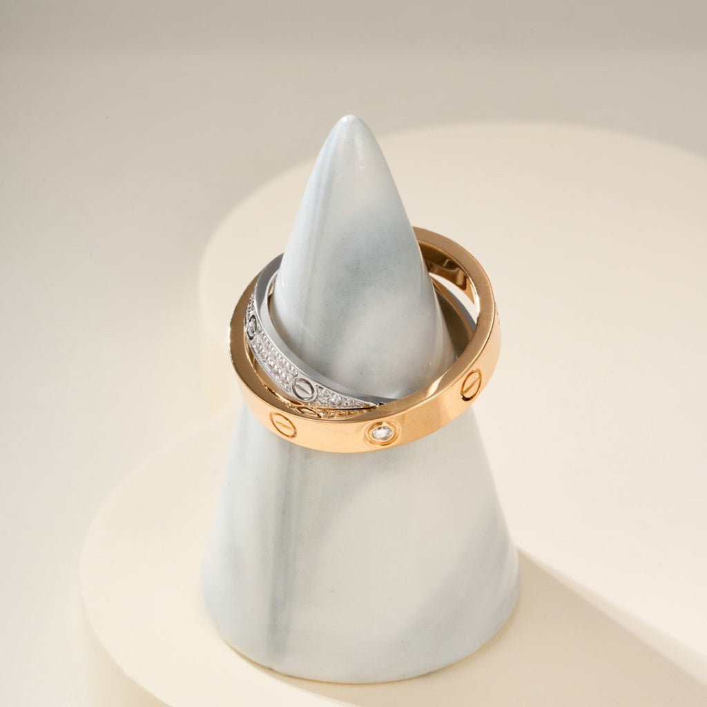 [Stellar Jewelry]LOVE PINK GOLD SILVER DIAMOND DOUBLE RING