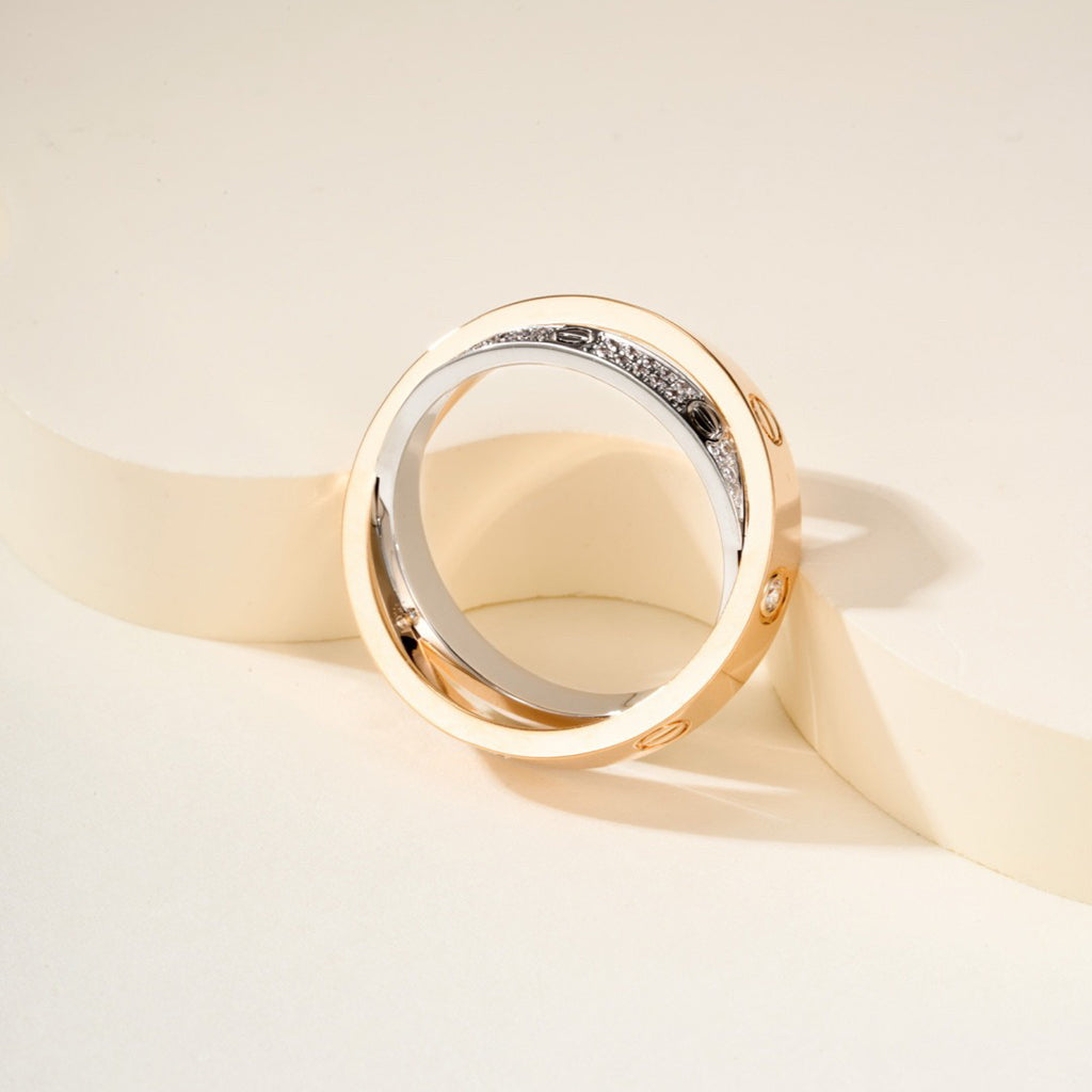 [Stellar Jewelry]LOVE PINK GOLD SILVER DIAMOND DOUBLE RING