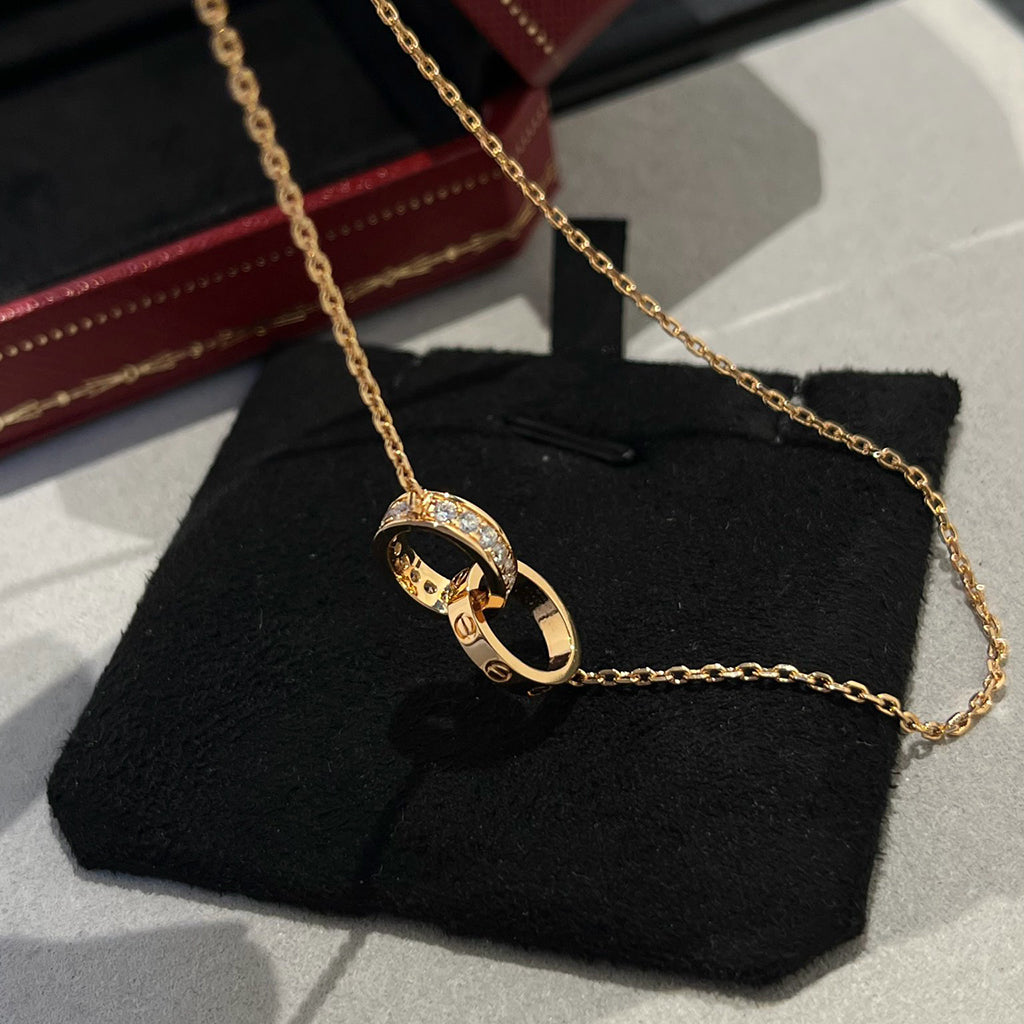 [Stellar Jewelry]LOVE DOUBLE RING HALF DIAMOND NECKLACE