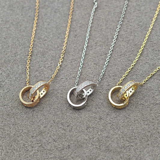 [Stellar Jewelry]LOVE DOUBLE RING HALF DIAMOND NECKLACE