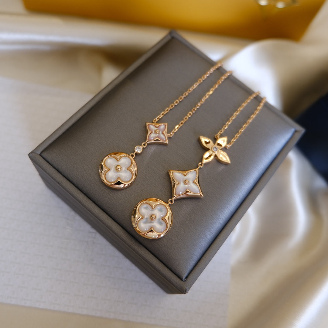 [Stellar Jewelry]COLOR BLOSSOM LARIAT NECKLACE PINK GOLD WHITE MOTHER PEARL AND DIAMOND