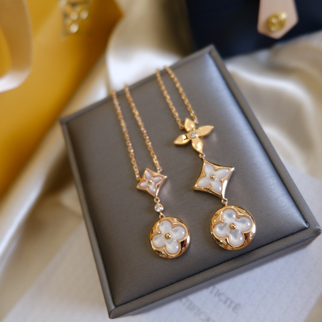 [Stellar Jewelry]COLOR BLOSSOM LARIAT NECKLACE PINK GOLD WHITE MOTHER PEARL AND DIAMOND