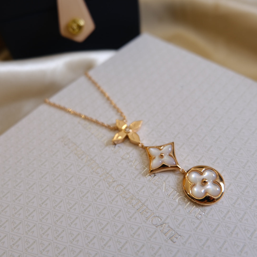 [Stellar Jewelry]COLOR BLOSSOM LARIAT NECKLACE PINK GOLD WHITE MOTHER PEARL AND DIAMOND