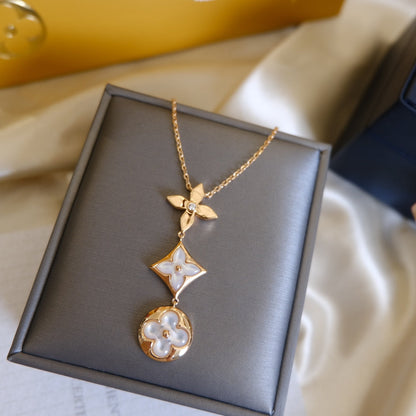 [Stellar Jewelry]COLOR BLOSSOM LARIAT NECKLACE PINK GOLD WHITE MOTHER PEARL AND DIAMOND