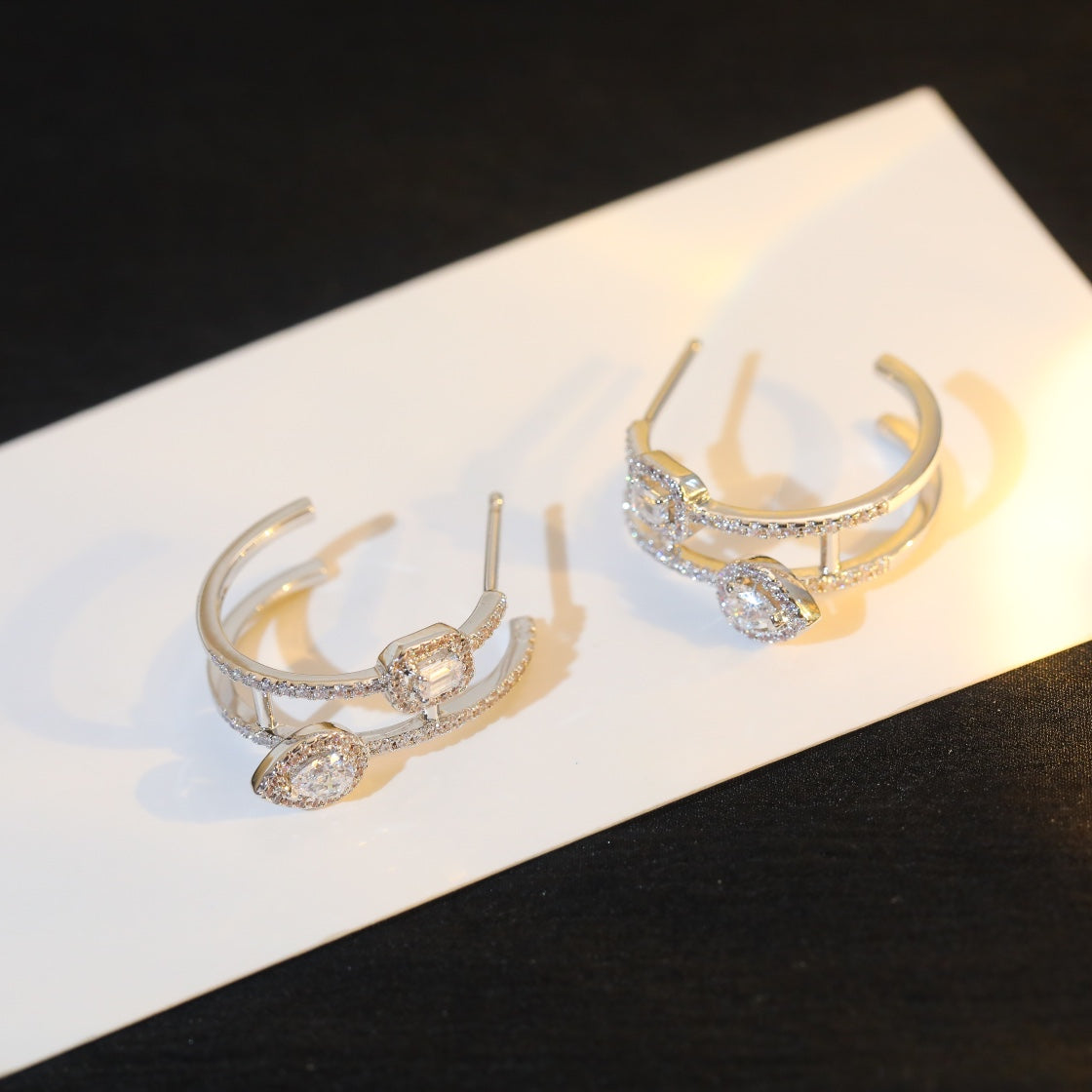 [Stellar Jewelry]CREOLES MY TWIN 2 RANGS SILVER DIAMOND EARRINGS