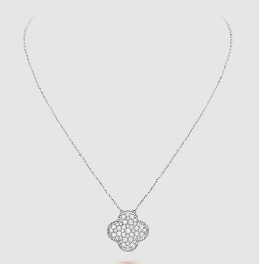 [Stellar Jewelry]CLOVER 25MM LARGE PENDANT DIAMOND PAVED SILVER NECKLACE