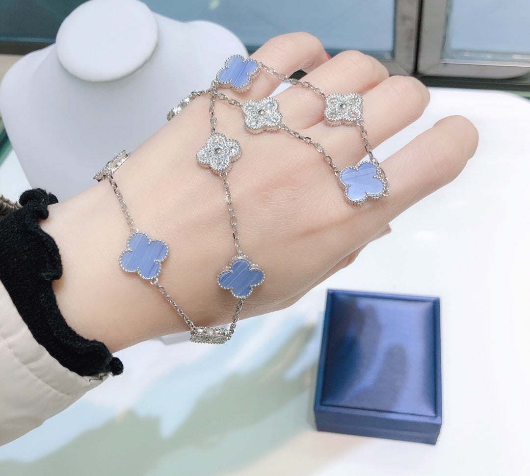 [Stellar Jewelry]CLOVER 10 MOTIFS CHALCEDONY DIAMONDS SILVER NECKLACE